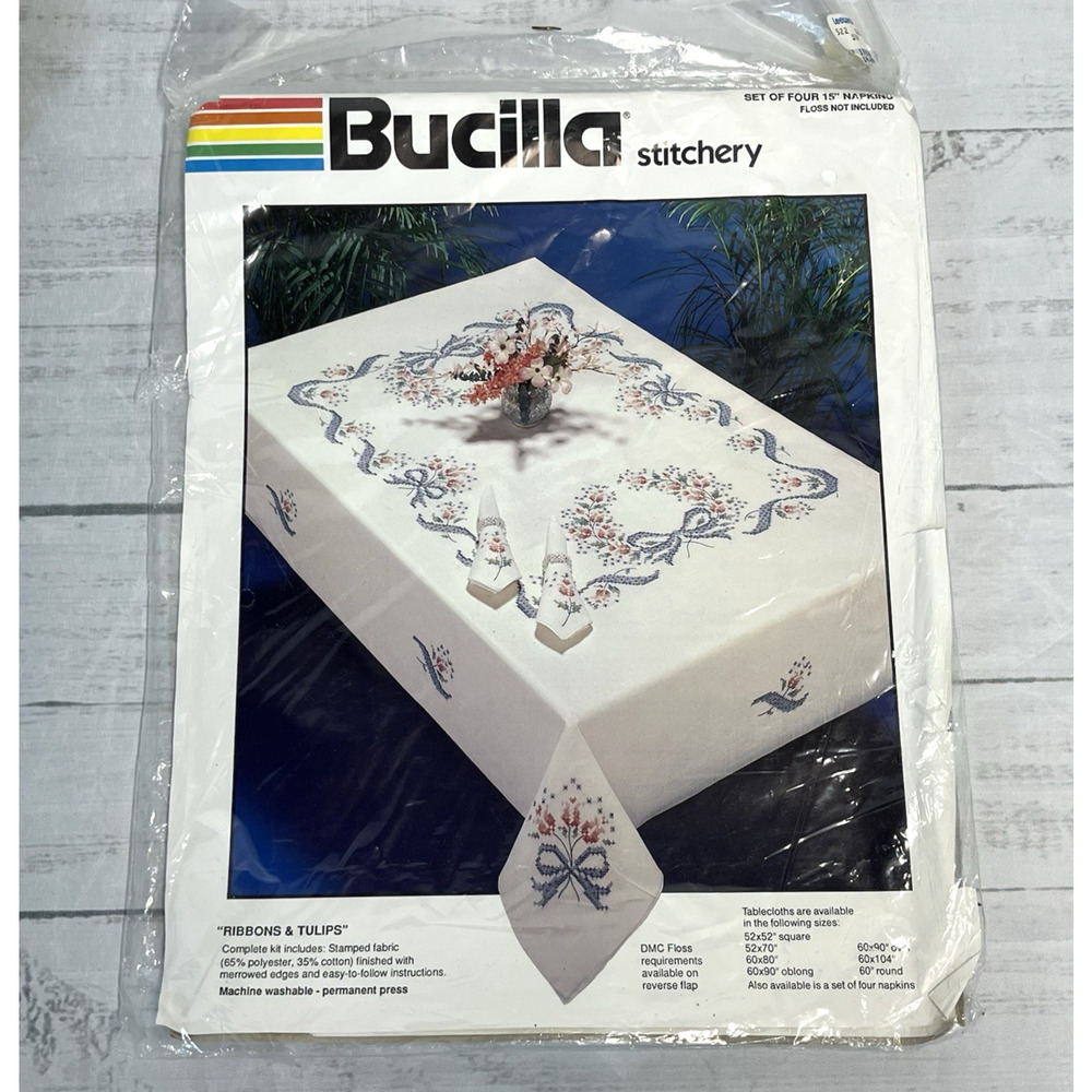 Bucilla Vintage Stitchery Ribbon & Tulips Stamped Fabric 15" Napkins Set of 4